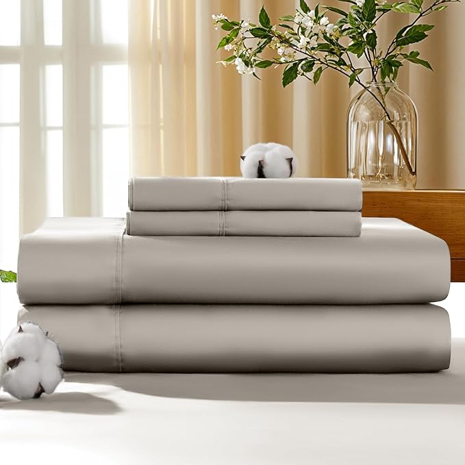 LBRO2M 100% Cotton Sheets Set Deep Pocket 19", 1000 Thread Count Full Size 4 Piece Bed Sheet Sets Soft Comfortable Bedding All Season (Full, Taupe)