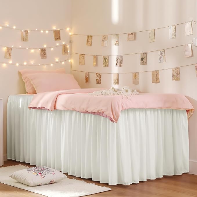 RIMELA Dorm Bed Skirt Twin XL 36 Inch Drop, Easy to Install Extra Long Wrap Around Elastic Dust Ruffle, Warm White Bedskirt Solid Silky Fabric Machine Washable (Twin XL 80“L x 39”W & Twin 75“L x 39”W)