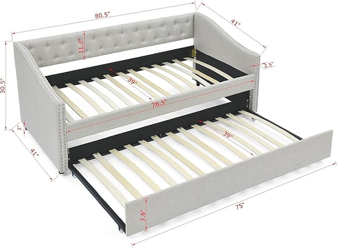 Favfurish Twin Size Daybed with Trundle,Linen Upholstered Sofa Bed W/Button on Back & Copper Nail on Waved Shape Armrests,Space Saving,No Spring Box Need,Wood Bedframe for Living Room Bedroom,Beige
