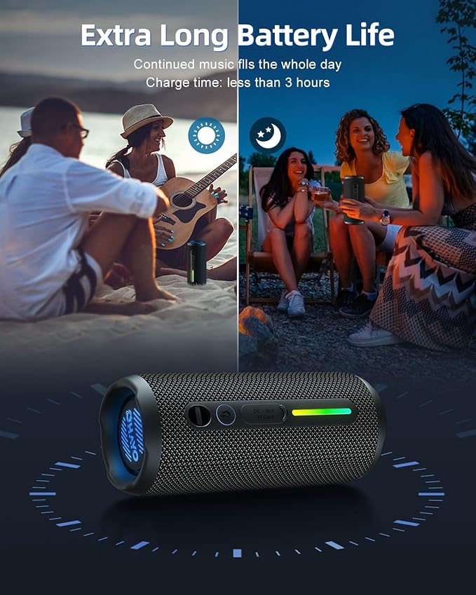 OHAYO Portable Bluetooth Speaker - IPX7 Waterproof, Wireless Stereo Pairing, 25-Hour Playtime, 24W Loud Sound, Bluetooth 5.3, Bass Boost, LED Lights, for Home/Shower/Outdoor/Beach/Travel, Gift Ideas