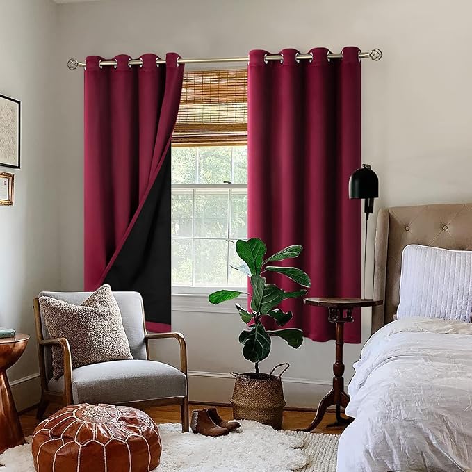 BGment Thermal Insulated 100% Blackout Curtains for Bedroom with Black Liner, Double Layer Full Room Darkening Noise Reducing Grommet Curtain (52 x 63 Inch, Burgundy Red, 2 Panels)