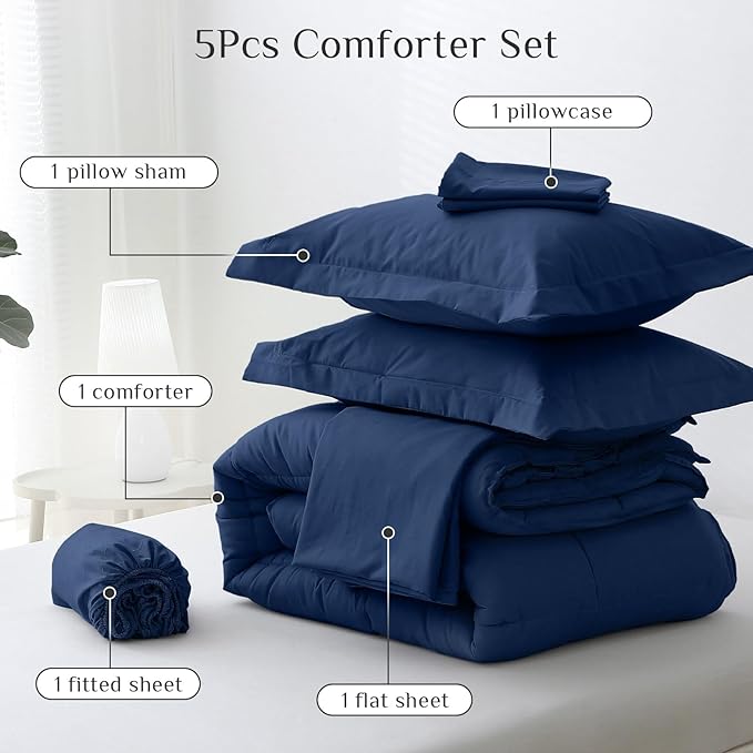 JOLLYVOGUE Twin Comforter Set, Ultra-Soft Bed in a Bag Twin Size 5 Pieces, Oeko-TEX Certified Bedding Set with Down Alternative Comforter, Sheets, Pillowcases & Shams, Navy
