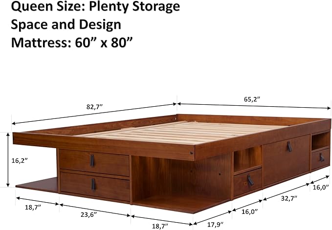 memomad Bali Set: Storage Platform Bed with Drawers + Bookcase Headboard (Queen Size, Caramel Brown Wood)