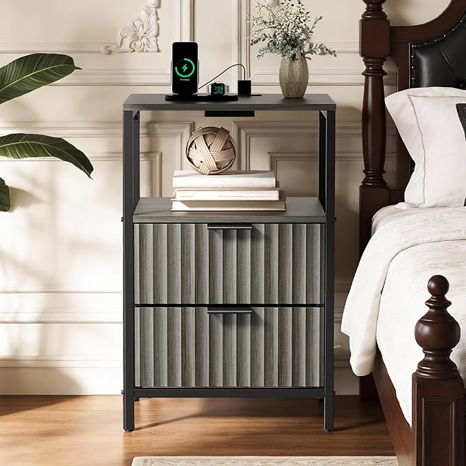 VINGLI Grey Night Stand with Charging Station, Fluted Nightstand Gray with Drawers Fabric, Grey Bedside Table/End Table for Bedroom, 14.96" W*11.81" D*23.78" H