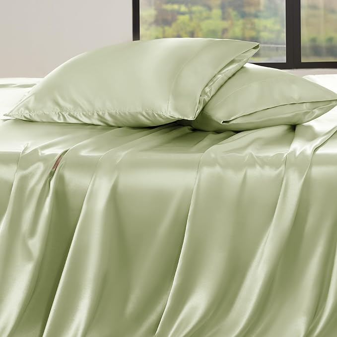 Bedsure Satin Sheets Queen Size - 4 Piece Silky Bedsheets with 15 Inches Deep Pocket Fitted Bedsheet,1 Flat Sheet, 2 Satin Pillowcases, Good for Hair & Skin (Queen, Sage Green)