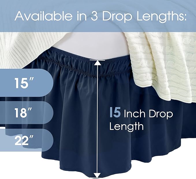FreshCulture King Bed Skirt, Dust Ruffle for King Size Bed, Easy Fit with 15-Inch Tailored Drop, Elastic Wrap Around Bed Skirt King Size, Hotel Quality Bed Skirts for Adjustable Bed (Navy Blue)