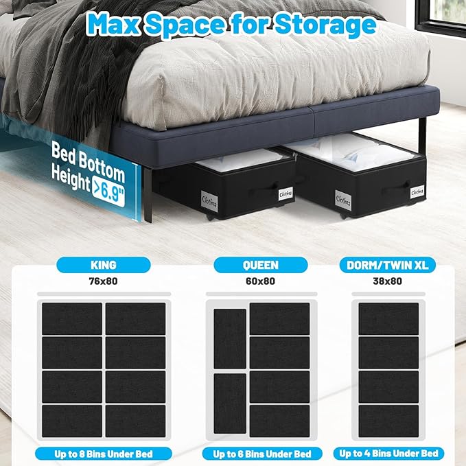 Under Bed Storage with Wheels, 2-Pack 6.7" Height XL 50L Rolling Storage Bins, Quick Assembly Underbed Shoe Storage Containers with Clear Lid & Label, Dorm Under bed Drawers for Clothes, Shoes, Black