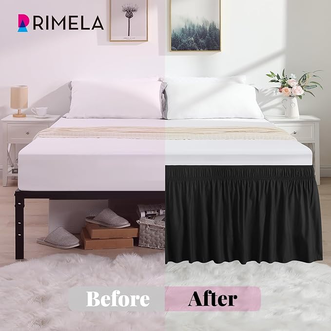 RIMELA Bed Skirting Queen Size Black Bed Skirt 25 Inch Drop, Wrap Around Elastic Adjustable Bedskirt, Dust Ruffle for Bed Frame & Box Spring Soft Durable Fabric Machine Washable Easy to Install