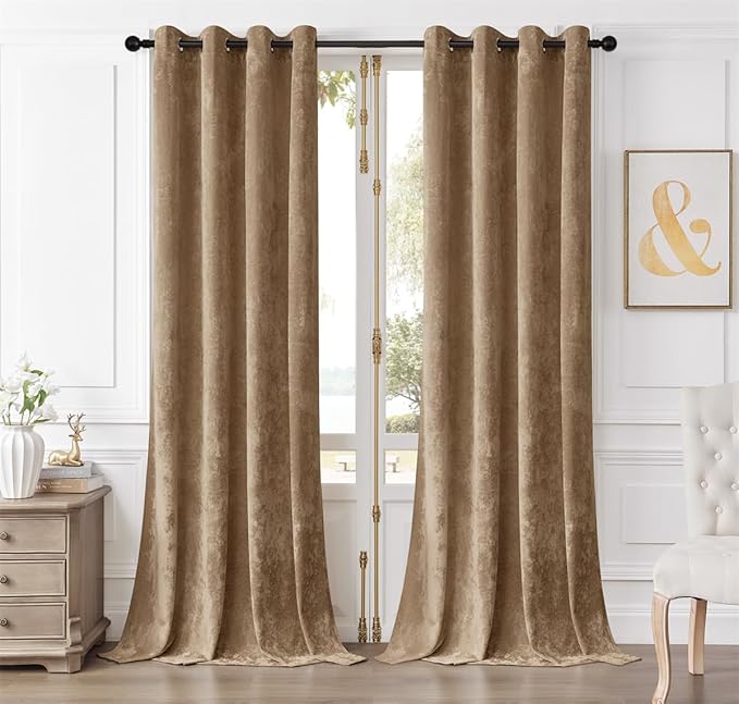 SMILETIME Amber Beige Crushed Velvet Curtains 52x108 inch Luxurious Thermal Insulated Soundproof Drapes for Living Room Bedroom Office Soft and Durable Light-Filtering Window Treatments, 2 Panels