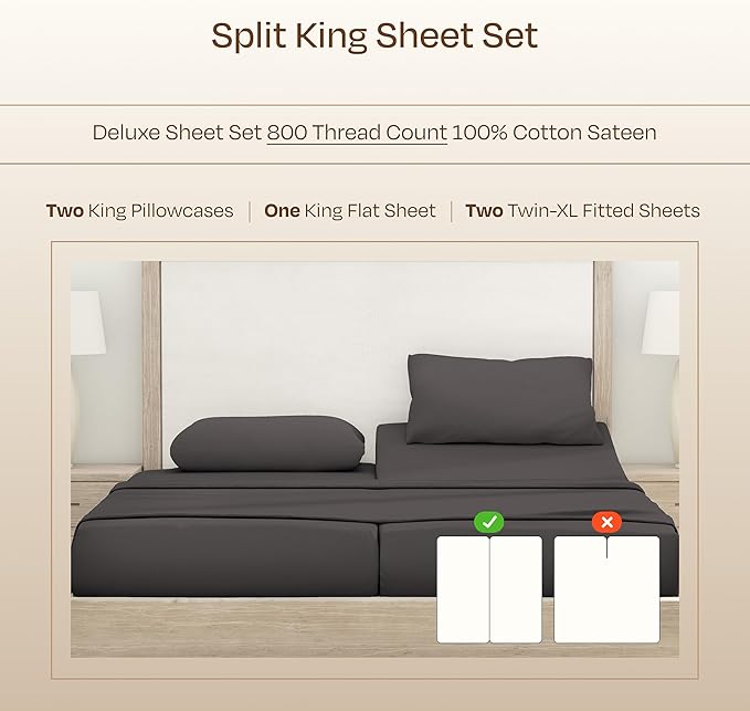 California Design Den Split King Sheets for Adjustable Bed - Buttery Soft 800 Thread Count, 100% Cotton Set, Sateen Bedding Set with Durable Twin XL Fitted Sheets - Grey