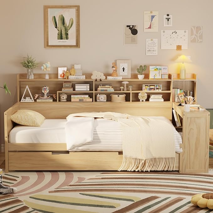 Merax Twin Size Corner Bed Frames with Desk and Trundle & Storage Shelves Headboard, Pinewood U-Shaped Captain Daybed for Small Room, Bedroom, Guest Room, Kids' Room, Natural