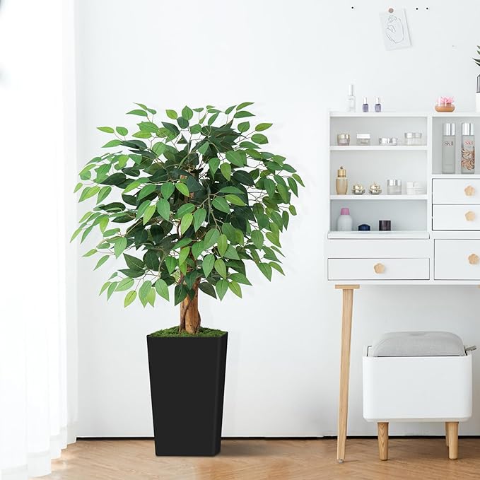 4ft Ficus Artificial Tree with 3 Natural Curved Trunks, 48" Tall Lush Faux Tree for Home Decor Indoor, Green Lifelike Fake Ficus Tree with Black Planter Pot