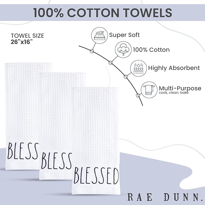 Rae Dunn Set of Hand Towels for Kitchen and Bathroom, 100% Cotton, Embroidered Dish Towels, Decorative Hand Towels, White- Blessed, 3 Pack