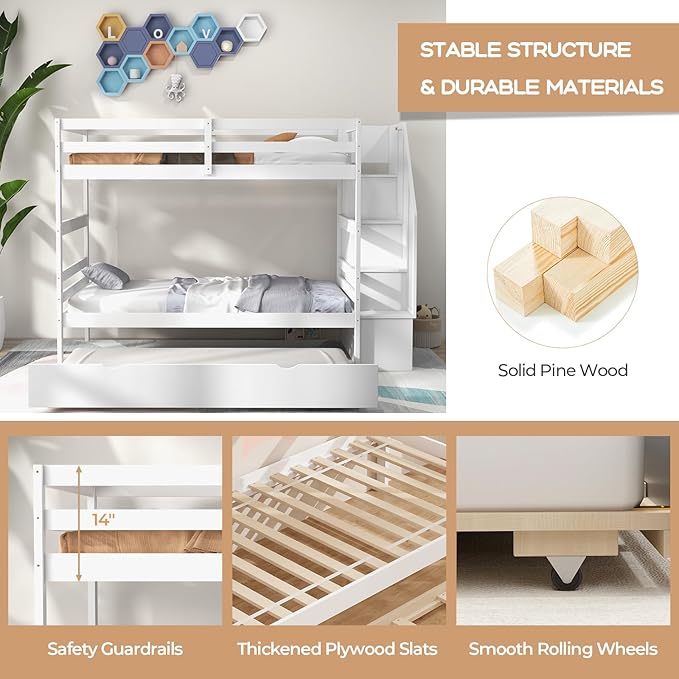 KOTEK Twin Over Twin Bunk Bed with Trundle and Stairs, Solid Wood Bunk Bed Frame with Storage Shelf, Bunk Beds Detachable into 2 Platform Beds for Kids Teens Adults (White)