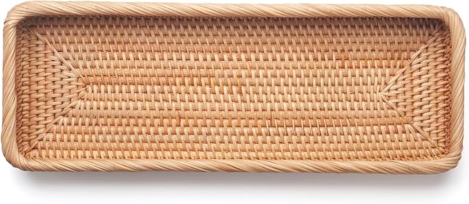 Rattan Bathroom Vanity Trays Toilet Tank Baskets Long Narrow Hand Towel Storage Basket for Storage, Decorative (Natural 16.3 x 6.1 x 2 inch)
