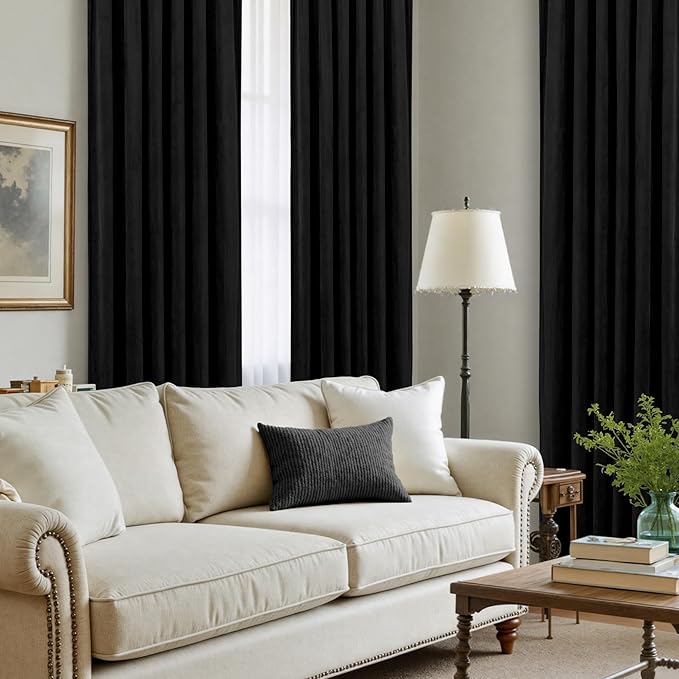 LAMIT Black Velvet Blackout Curtains 90 Inches Long, Luxury Thermal Room Darkening Panels for Bedroom Back Tab and Rod Pocket Soundproof Halloween Drapes for Living Room, 2 Panels, 52 x 90 Inch