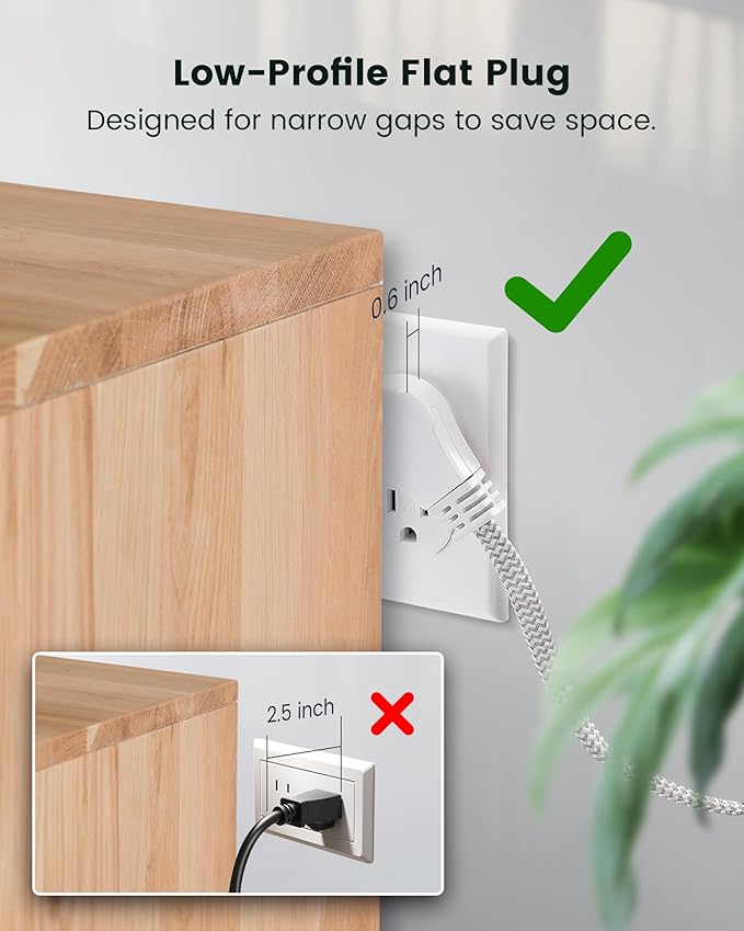 SURAIELEC 10FT 360° Rotating Flat Plug Extension Cord Flat Wall Plug with 3 Outlets, Braided Flat White Extension Cord for Indoor Use, Home, Office, 16/3C SPT, ETL Listed