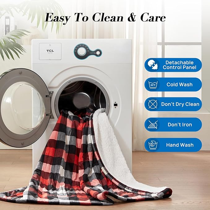 Westinghouse Electric Blanket Queen Size, Soft Flannel to Sherpa Heated Blanket with Dual Control 10 Heating Levels & 1 to 12 Hours Auto-Off, Machine Washable, Fast Heating, 84 * 90 Inch, Red