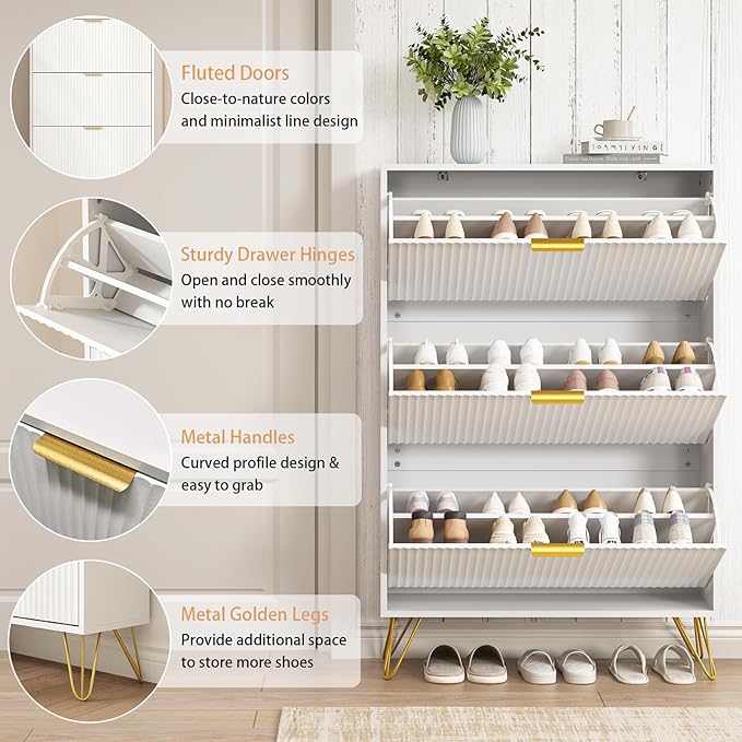 Slim Shoe Cabinet with 3 Flip Drawers, Fluted Shoe Cabinet Storage for Entryway, Narrow Shoe Storage Cabinet, Modern Freestanding Shoe Rack Organizer for Entryway, White