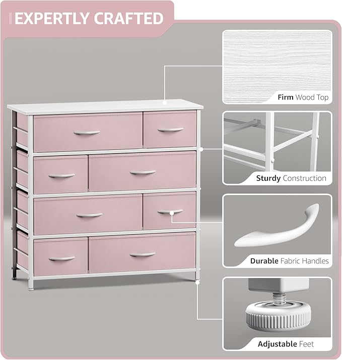 Sorbus Dresser with 8 Drawers - Furniture Storage Chest for Kid’s, Teens, Bedroom, Nursery, Playroom, Clothes, Toys - Steel Frame, Wood Top, Fabric Bins (Pink)