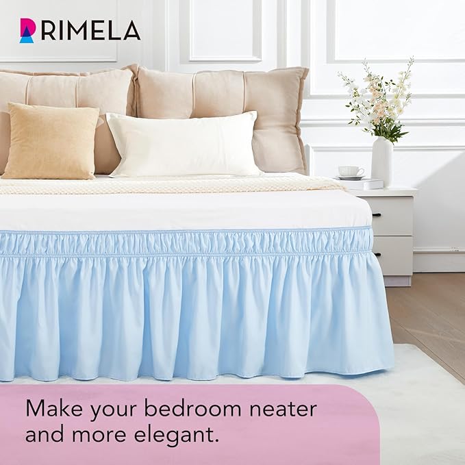 RIMELA Light Blue Bed Skirt King Size 18 Inch Drop, Elastic Bed Skirting for Bed Base and Frame, Bedding Dust Ruffle Easy to Install, Lightweight Wrap Around Adjustable Bedskirt