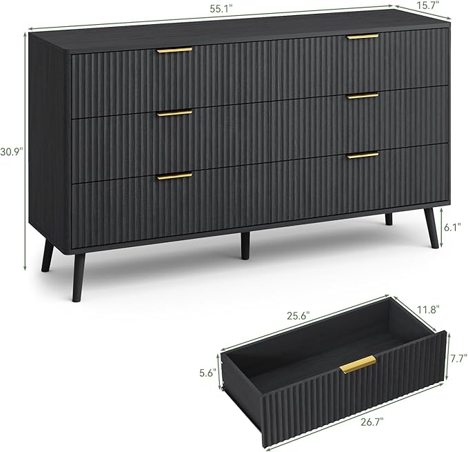 LYNSOM Fluted Dresser and Nightstand Sets 3 Piece, 6-Drawers Dresser and 1-Drawer Nightstands Set of 2, Wood Bedroom Furniture Set for Home, Bedroom, Hallway, Black