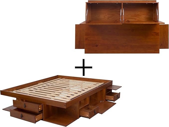 memomad Bali Set: Storage Platform Bed with Drawers + Bookcase Headboard (Queen Size, Caramel Brown Wood)
