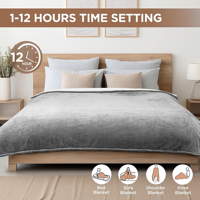 Westinghouse Electric Blanket Twin, Flower Jacquard Heated Blanket Twin Size with 10 Heating Levels and 1-12 Hours Auto-Off, Flannel to Sherpa Reversible, Machine Washable (62x 84 inch, Light Grey)