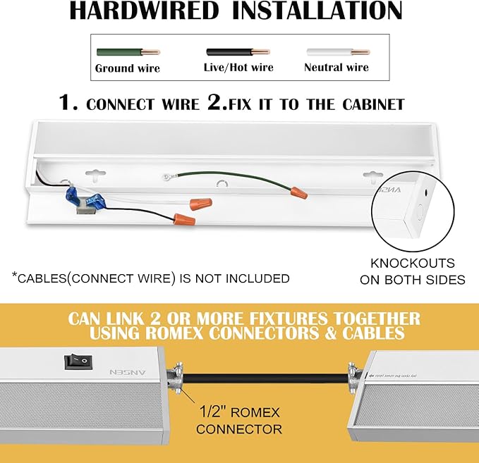 Ansen Hardwired Under Cabinet Lighting, 24in 18W LED Light for Kitchen/Closet, 1237lm, CRI>92, R9>90, 3 Color Temperature, Dimmable, 3000K/4000K/5000K(Warm White, Cool White, Daylight)