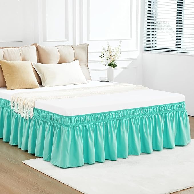 RIMELA Spa Blue Bed Skirt Queen Size 18 Inch Drop, Elastic Bed Skirting for Bed Base and Frame, Bedding Dust Ruffle Easy to Install, Lightweight Wrap Around Adjustable Bedskirt