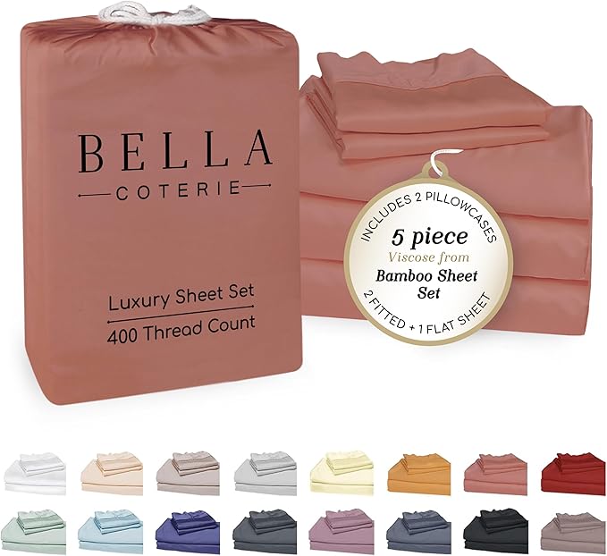 Bella Coterie Luxury Bamboo Viscose Split King Size Sheet Set | 2 Fitted Sheets for Sleep Number & Adjustable Beds | 100% Organically Grown | Cooling & Ultra Soft | 18” Deep Pocket [Raisin]
