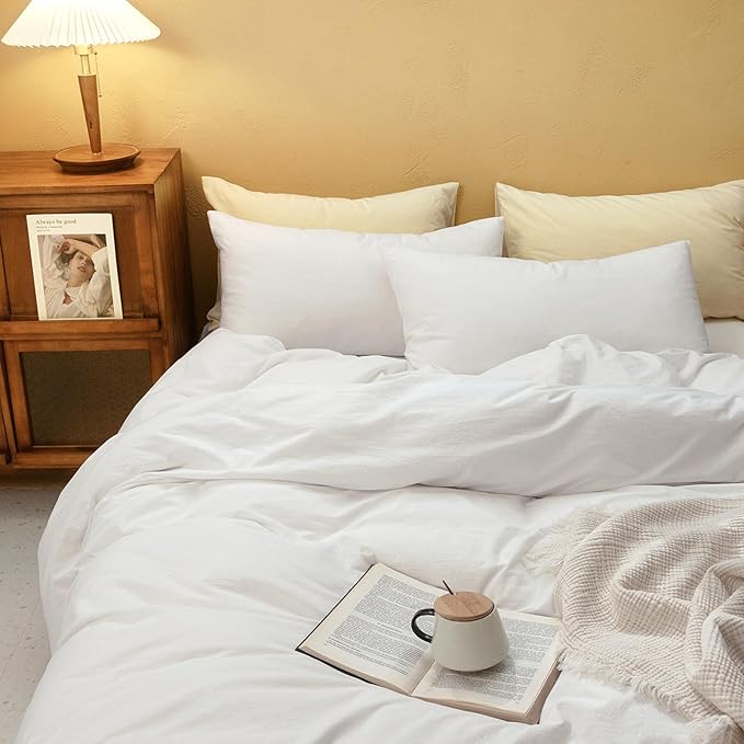 FOSSA White Duvet Cover Set, 100% Washed Cotton Linen Feel Super Soft Breathable Cozy 3 Pieces Bedding Sets Solid Off White Oversized King Plus
