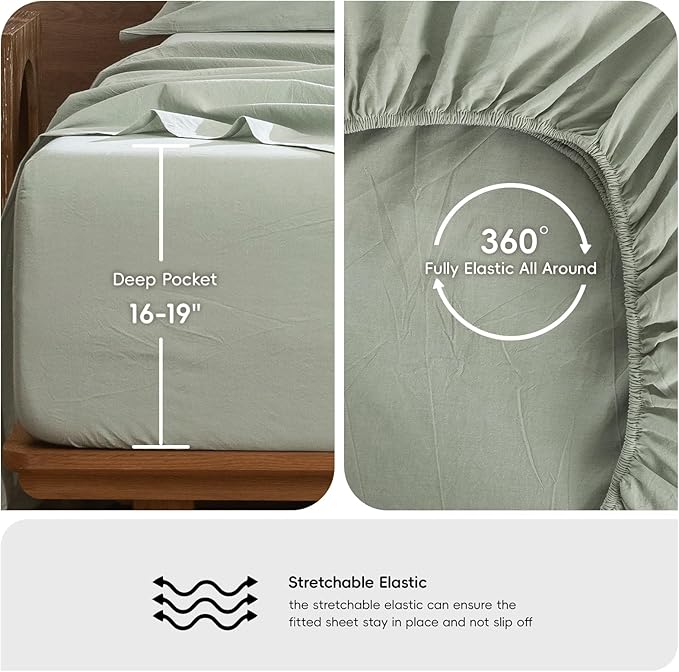 MooMee Bedding Sheet Set 100% Washed Cotton Linen Like Textured Breathable Durable Soft Comfy (Heathered Sage Green, Twin)