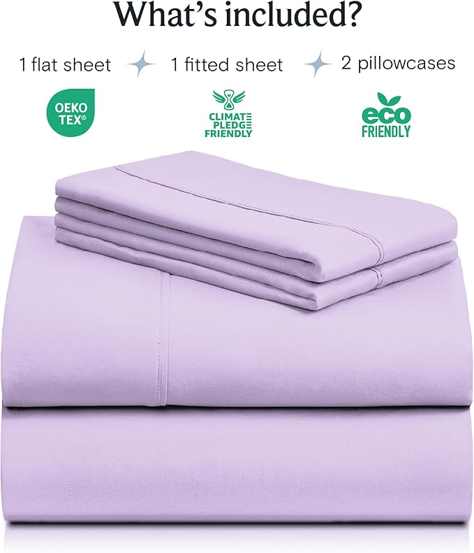 LuxClub 4 PC Queen Sheet Set, Deep Pockets Wrinkle Free Cooling Bed Sheets Hotel Bedding for Women, Men, Includes 1 Fitted Sheet, 1 Flat Sheet and 2 Pillowcases-Silky Soft Lavender