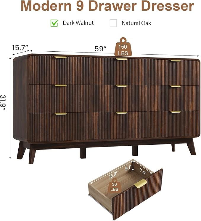 QUW Fluted 59.1" Wide Modern Dresser for Bedroom with 9 Drawers, Tall Chest of Drawers with Metal Handle, Wooden Dresser TV Stand, Hallway, Living Room, Dark Walnut