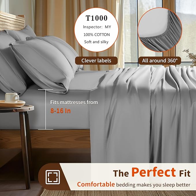 LBRO2M 1000 Thread Count 100% Egyptian Cotton Sheets Set 6 Piece Sets King Bed Sheet Deep Pocket Sheet Set 16" Soft Comfortable All Season (King, Gray)