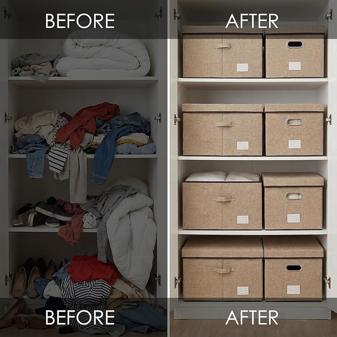 PRANDOM Storage Bins with Lids [3-Pack] Jute Fabric Foldable Storage Boxes Organizer Containers Baskets Cube with Cover for Home Bedroom Closet Office Nursery khaki（23.4X15.9X11.5