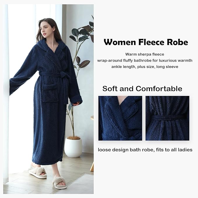 Oksun Womens Long Fleece Robe: Soft Fluffy Warm Bathrobe - Cozy Winter Housecoat Nigthgown with Chic Piping