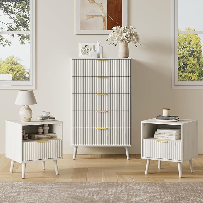LYNSOM Fluted Dresser and Nightstand Sets 3 Piece, 5-Drawers Dresser and 1-Drawer Nightstands Set of 2, Wood Bedroom Furniture Set for Home, Bedroom, Hallway, White