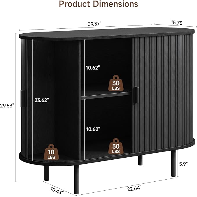 Buffet Cabinet with Storage, 40" Fluted Sideboard Buffet with Sliding Door, Coffee Bar Cabinet with Adjustable Shelf, Console Table, Accent Table for Entryway, Kitchen, Dining Room, Black