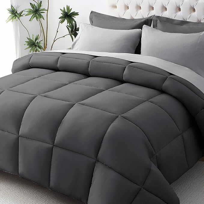 JOLLYVOGUE King Comforter Set, Ultra-Soft Bed in a Bag King Size 7 Pieces, Oeko-TEX Certified Bedding Set with Down Alternative Comforter, Sheets, Pillowcases & Shams, Dark & Light Grey