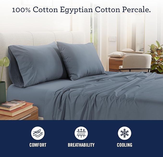 IZOD 100% Egyptian Cotton Sheets Set Twin XL Size, Cotton Percale Crisp Sheet Set 3Pc, Lightweight & Deep Pocket fits Upto 17", Long-Staple Soft Combed, Hotel Style Luxury Bedding Sheet - Blue Slate