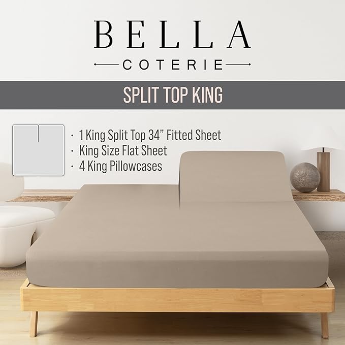 Bella Coterie 6 Piece Luxury Bamboo Viscose Split Top King Size Sheet Set | 34" Split for Adjustable Beds | 100% Organically Grown| Cooling | 18” Deep Pocket | 4 Pillowcases [Dune]