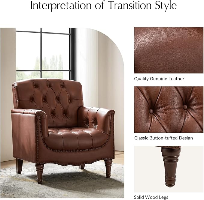 HULALA HOME Mid Century Modern Leather Club Chairs Set of 2, Top-Grain Genuine Leather Armchairs with Button-Tufted Back & Solid Wood Legs, Accent Chairs for Living Room/Bedroom/Home Office, Brown