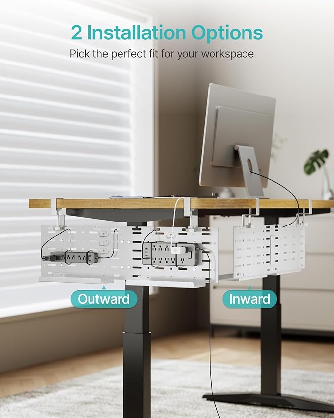 Under Desk Cable Management Tray, 30.2" Vertical Metal Pegboard Organizer for Power Strip, Cables, Clamp On Cord Organizer Rack with Hooks, Trays & Cable Straps for Home Office, White
