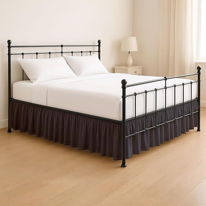 KRISHNA Ruffled Bed Skirt with Split Corners Queen, 100% Microfiber Hotel Quality, 12 Inch Drop Dust Ruffle Gathered Bedskirt with Platform, 60" x 80", Dark Grey
