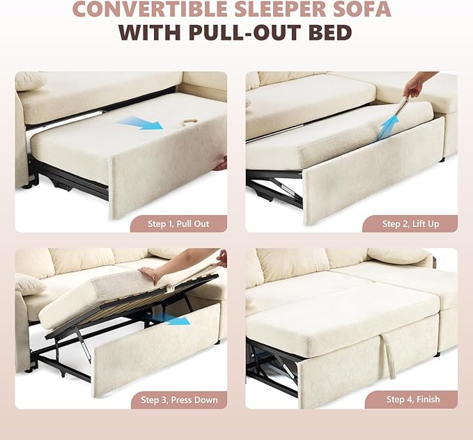 VINGLI Convertible Sofa Bed Couches for Living Room, Sleeper Sofa with Pull Out Couch Bed, Cloud-Like Plush Fleece L-Shape Sectional Couch with Storage Chaise, USB Charging, Side Pockets (Beige)