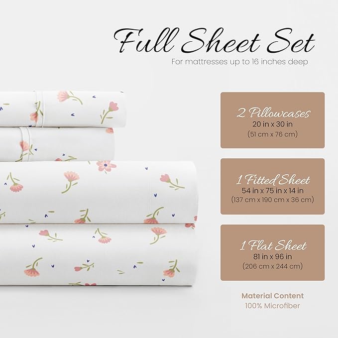 Linen Market Double-Brushed Patterned Microfiber Full Sheet Set 4 Piece – Oeko-TEX Certified Ultra Soft & Wrinkle-Free - 16" Deep Pocket Sheets - Easy Care Full Size - Soft Floral Pink