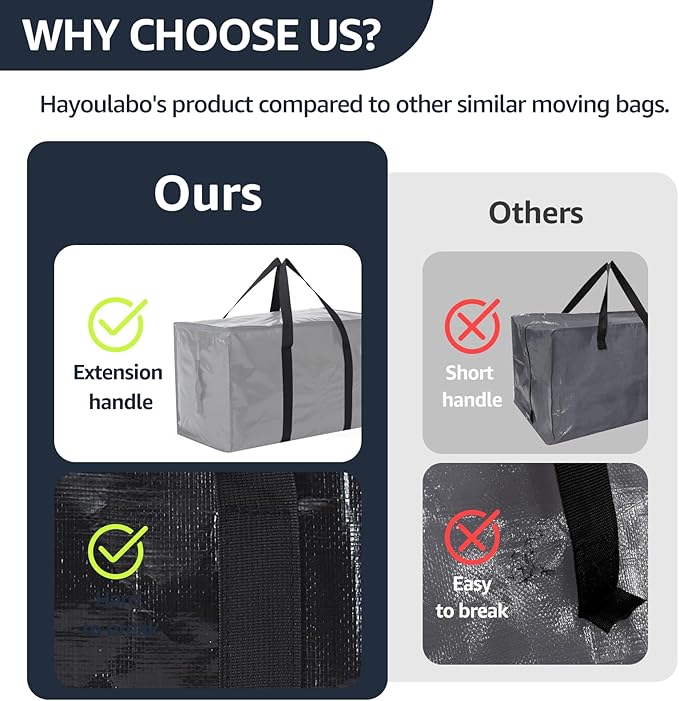 Moving Bags Heavy Duty Extra Large, Moving Boxes, Moving Supplies Essentials, Blue Storage Bins with Lids, Plastic Packing Totes, Storage Bags for Clothes with Handles & Zippers(Black, 8 Pack)