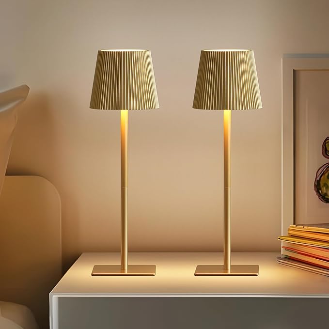 LUTEC 4 Pack Cordless Table Lamp,6000mAh Rechargeable Battery Operated Desk Lamp,Two Adjustable Heights,Waterproof, Touch Control & 3 Color Stepless Dimming for Restaurant/Bedroom/Bars/Outdoor (Gold)